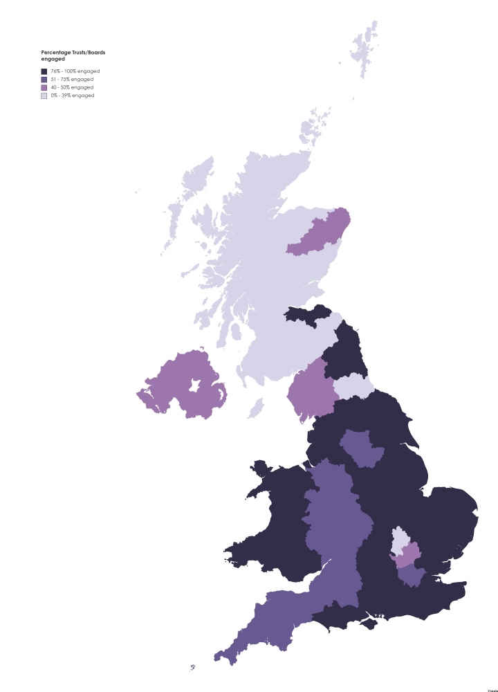 Map of the UK with regions coloured to indicate the level of engagement 