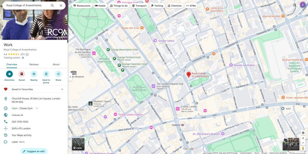 Google map image showing the short walk from Grange Hotels to the RCoA