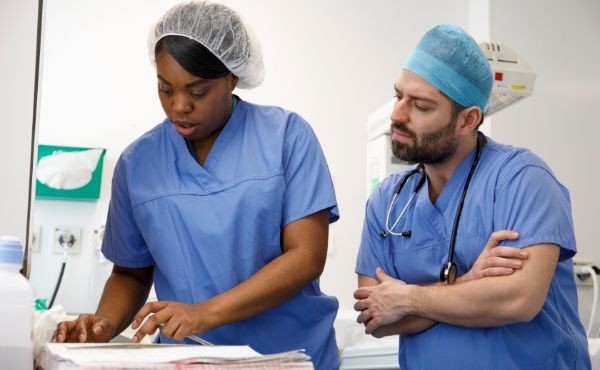 Two anaesthetists checking information