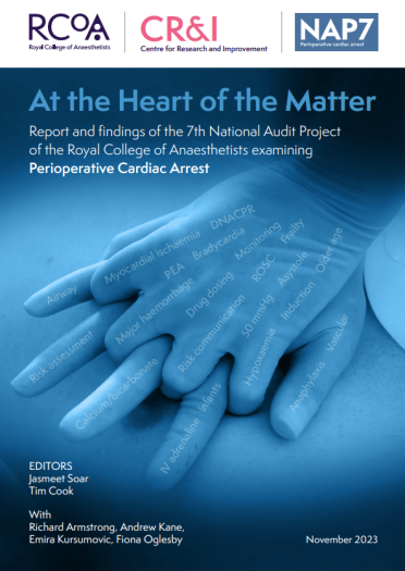 The cover of the NAP7 report. Hands within blue gloves on top of one another as if performing CPR. The title of NAP7, "At the Heart of the Matter"