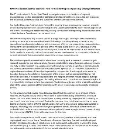 NAP8 Associate Local Co-ordinator Role for Resident/Specialty/Locally Employed Doctor