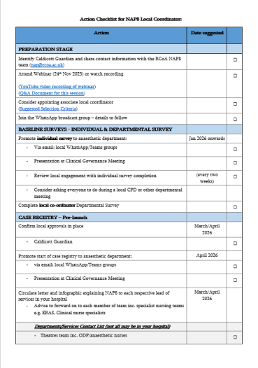 Action Checklist for NAP8 Local Coordinator UK