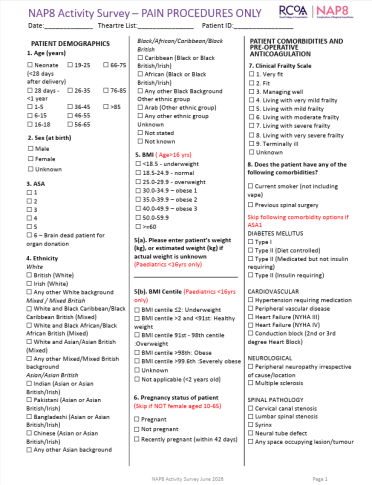 UK Paper NAP8 Activity Survey (PAIN PROCEDURES ONLY)